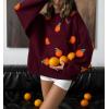 imagechouyatou Womens Cute Orange Pattern Pullover Sweater Color Block Crew Neck Knit Jumper TopsWine Red