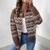imagechouyatou Womens Fair Isle Sweaters Coat Western Tribal Aztec Zip Up Vintage Fall Lapel Knit Cardigan TopBrown