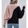 imagechouyatou Womens Fall Batwing Sleeve Knitted Sweater Color Block Loose Pullover Dolman Sweater TopsBlack Pink