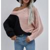 imagechouyatou Womens Fall Batwing Sleeve Knitted Sweater Color Block Loose Pullover Dolman Sweater TopsBlack Pink