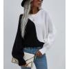 imagechouyatou Womens Fall Batwing Sleeve Knitted Sweater Color Block Loose Pullover Dolman Sweater TopsBlack White