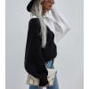 imagechouyatou Womens Fall Batwing Sleeve Knitted Sweater Color Block Loose Pullover Dolman Sweater TopsBlack White