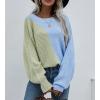 imagechouyatou Womens Fall Batwing Sleeve Knitted Sweater Color Block Loose Pullover Dolman Sweater TopsGreen Blue