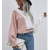 imagechouyatou Womens Fall Batwing Sleeve Knitted Sweater Color Block Loose Pullover Dolman Sweater TopsPink White