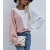 imagechouyatou Womens Fall Batwing Sleeve Knitted Sweater Color Block Loose Pullover Dolman Sweater TopsPink White