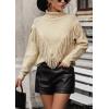 imagechouyatou Womens Oversized Fringe Tassel Sweater Long Sleeve Turtleneck Knitted Pullover Jumper TopsApricot