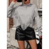 imagechouyatou Womens Oversized Fringe Tassel Sweater Long Sleeve Turtleneck Knitted Pullover Jumper TopsGrey
