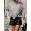 imagechouyatou Womens Oversized Fringe Tassel Sweater Long Sleeve Turtleneck Knitted Pullover Jumper TopsGrey