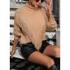imagechouyatou Womens Oversized Fringe Tassel Sweater Long Sleeve Turtleneck Knitted Pullover Jumper TopsKhaki