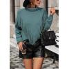 imagechouyatou Womens Oversized Fringe Tassel Sweater Long Sleeve Turtleneck Knitted Pullover Jumper TopsTurquoise Blue