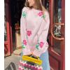 imagechouyatou Womens Rose Flower Pattern Pullover Sweaters Long Sleeve Floral Printed Knit Jumper TopsPink