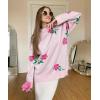 imagechouyatou Womens Rose Flower Pattern Pullover Sweaters Long Sleeve Floral Printed Knit Jumper TopsPink