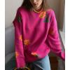 imagechouyatou Womens Rose Flower Pattern Pullover Sweaters Long Sleeve Floral Printed Knit Jumper TopsRose Red