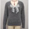 imagechouyatou Womens Y2K Pearl Beading Bow Trim Pullover Sweater V Neck Fuzzy Fleece Furry Knit Jumper TopsDark Gray