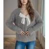 imagechouyatou Womens Y2K Pearl Beading Bow Trim Pullover Sweater V Neck Fuzzy Fleece Furry Knit Jumper TopsDark Gray