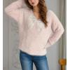 imagechouyatou Womens Y2K Pearl Beading Bow Trim Pullover Sweater V Neck Fuzzy Fleece Furry Knit Jumper TopsPink