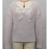 imagechouyatou Womens Y2K Pearl Beading Bow Trim Pullover Sweater V Neck Fuzzy Fleece Furry Knit Jumper TopsPink