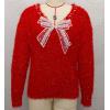 imagechouyatou Womens Y2K Pearl Beading Bow Trim Pullover Sweater V Neck Fuzzy Fleece Furry Knit Jumper TopsRed