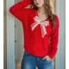imagechouyatou Womens Y2K Pearl Beading Bow Trim Pullover Sweater V Neck Fuzzy Fleece Furry Knit Jumper TopsRed