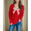 imagechouyatou Womens Y2K Pearl Beading Bow Trim Pullover Sweater V Neck Fuzzy Fleece Furry Knit Jumper TopsRed