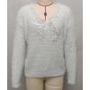 imagechouyatou Womens Y2K Pearl Beading Bow Trim Pullover Sweater V Neck Fuzzy Fleece Furry Knit Jumper TopsWhite
