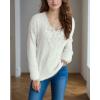imagechouyatou Womens Y2K Pearl Beading Bow Trim Pullover Sweater V Neck Fuzzy Fleece Furry Knit Jumper TopsWhite