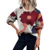 imagechouyatou Womens Cute Floral Printed Color Block Pullover Sweater Casual Crewneck Knit Jumper TopsWine Red