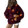 imagechouyatou Womens Cute Orange Pattern Pullover Sweater Color Block Crew Neck Knit Jumper TopsWine Red