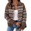 imagechouyatou Womens Fair Isle Sweaters Coat Western Tribal Aztec Zip Up Vintage Fall Lapel Knit Cardigan TopBrown