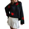 imagechouyatou Womens Rose Flower Pattern Pullover Sweaters Long Sleeve Floral Printed Knit Jumper TopsBlack