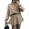 imagechouyatou Womens Turtleneck 2 Piece Outfits Long Sleeve Sweater and High Waist ALine Pleated Mini Skirt SetsKhaki