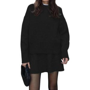 imagechouyatou Womens 2 Piece Sweater Skirt Sets Casual Loose Pullover Tops Mini Knitted Skirt Two Piece OutfitsBlack