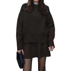 imagechouyatou Womens 2 Piece Sweater Skirt Sets Casual Loose Pullover Tops Mini Knitted Skirt Two Piece OutfitsCoffee