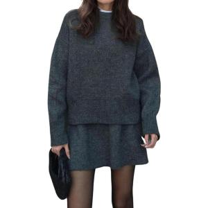 imagechouyatou Womens 2 Piece Sweater Skirt Sets Casual Loose Pullover Tops Mini Knitted Skirt Two Piece OutfitsDark Grey