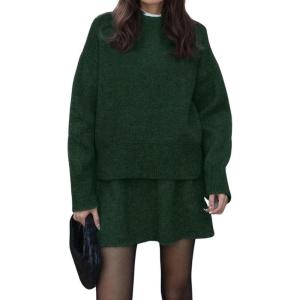 imagechouyatou Womens 2 Piece Sweater Skirt Sets Casual Loose Pullover Tops Mini Knitted Skirt Two Piece OutfitsGreen