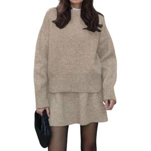imagechouyatou Womens 2 Piece Sweater Skirt Sets Casual Loose Pullover Tops Mini Knitted Skirt Two Piece OutfitsKhaki