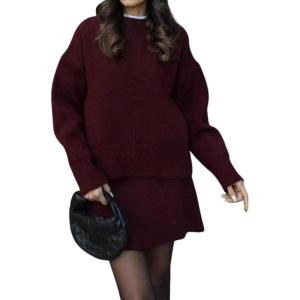imagechouyatou Womens 2 Piece Sweater Skirt Sets Casual Loose Pullover Tops Mini Knitted Skirt Two Piece OutfitsWine Red
