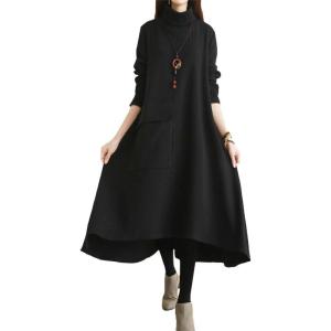 imagechouyatou Womens Casual Turtleneck Long Sleeve Irregular Swing Sweater Long Dress with PocketBlack