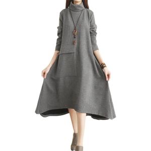 imagechouyatou Womens Casual Turtleneck Long Sleeve Irregular Swing Sweater Long Dress with PocketGray