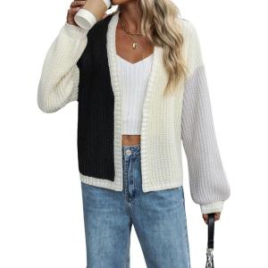 imagechouyatou Womens Color Block Open Front Cardigans Contrast Striped Chunky Cardigan Sweater Outerwear CoatBlack