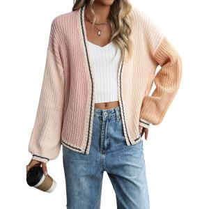 imagechouyatou Womens Color Block Open Front Cardigans Contrast Striped Chunky Cardigan Sweater Outerwear CoatPink