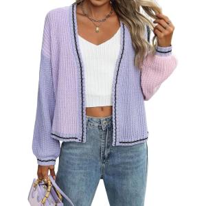 imagechouyatou Womens Color Block Open Front Cardigans Contrast Striped Chunky Cardigan Sweater Outerwear CoatPurple
