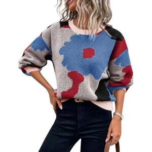 imagechouyatou Womens Cute Floral Printed Color Block Pullover Sweater Casual Crewneck Knit Jumper TopsBlue