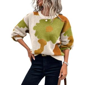 imagechouyatou Womens Cute Floral Printed Color Block Pullover Sweater Casual Crewneck Knit Jumper TopsGreen