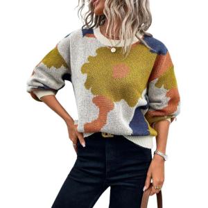 imagechouyatou Womens Cute Floral Printed Color Block Pullover Sweater Casual Crewneck Knit Jumper TopsKhaki