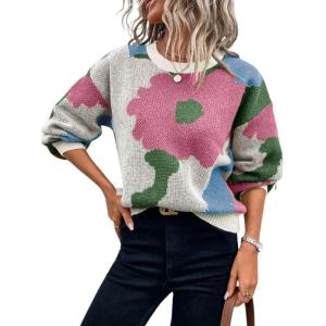 imagechouyatou Womens Cute Floral Printed Color Block Pullover Sweater Casual Crewneck Knit Jumper TopsPink