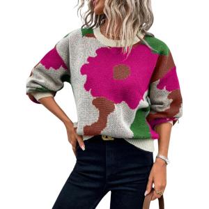 imagechouyatou Womens Cute Floral Printed Color Block Pullover Sweater Casual Crewneck Knit Jumper TopsRed