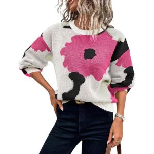 imagechouyatou Womens Cute Floral Printed Color Block Pullover Sweater Casual Crewneck Knit Jumper TopsRose Red