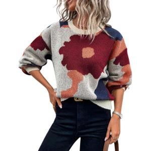 imagechouyatou Womens Cute Floral Printed Color Block Pullover Sweater Casual Crewneck Knit Jumper TopsWine Red