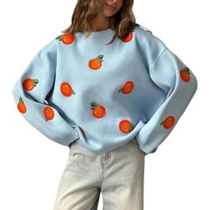 imagechouyatou Womens Cute Orange Pattern Pullover Sweater Color Block Crew Neck Knit Jumper TopsBlue
